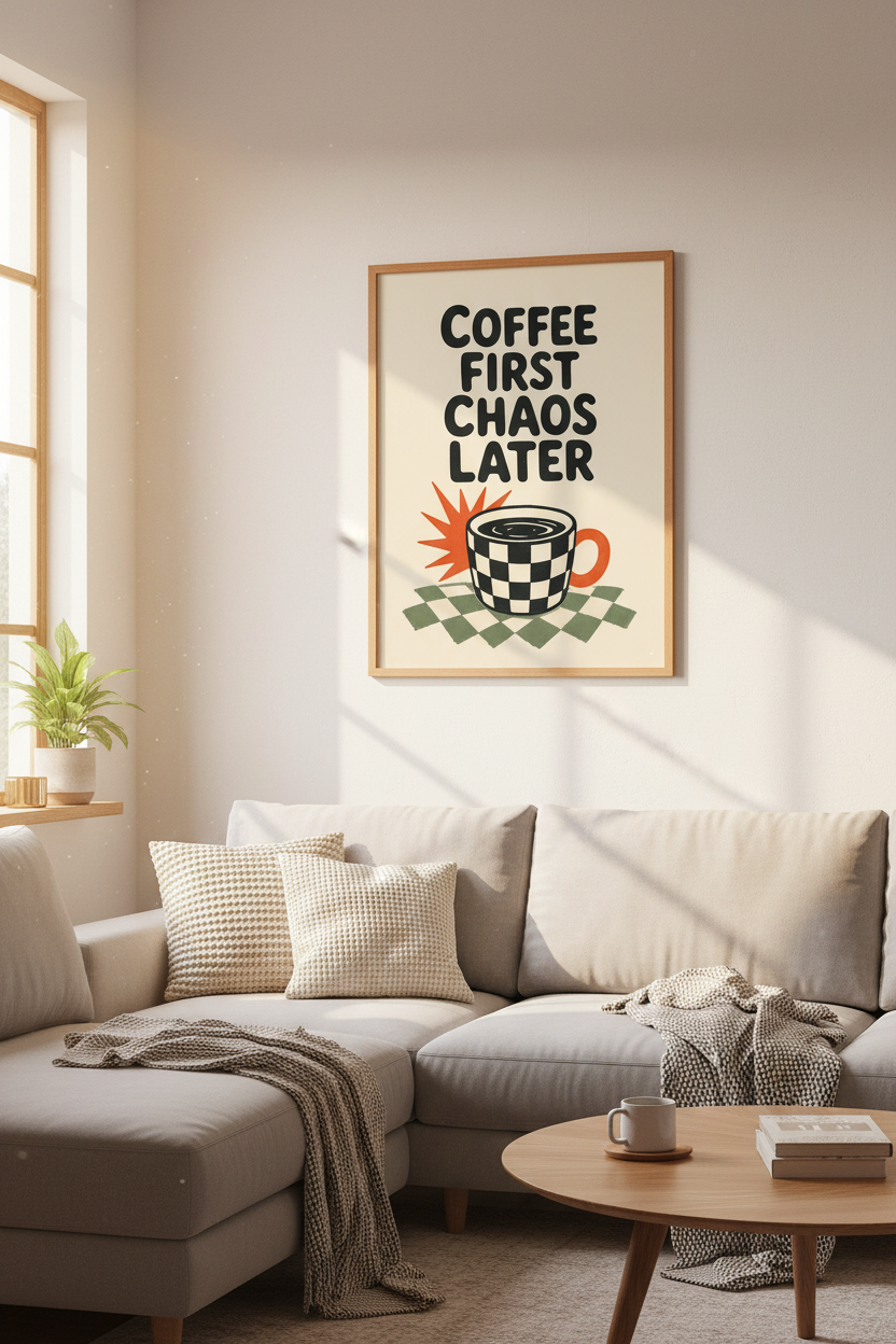 Coffee First Chaos Later Wall Art | Retro Kitchen Decor | Trendy Checked Mug Poster