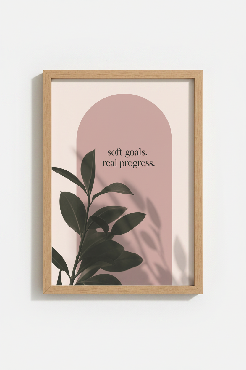 Soft Goals Real Progress Art | Pink Minimalist Quote Poster | Office Decor