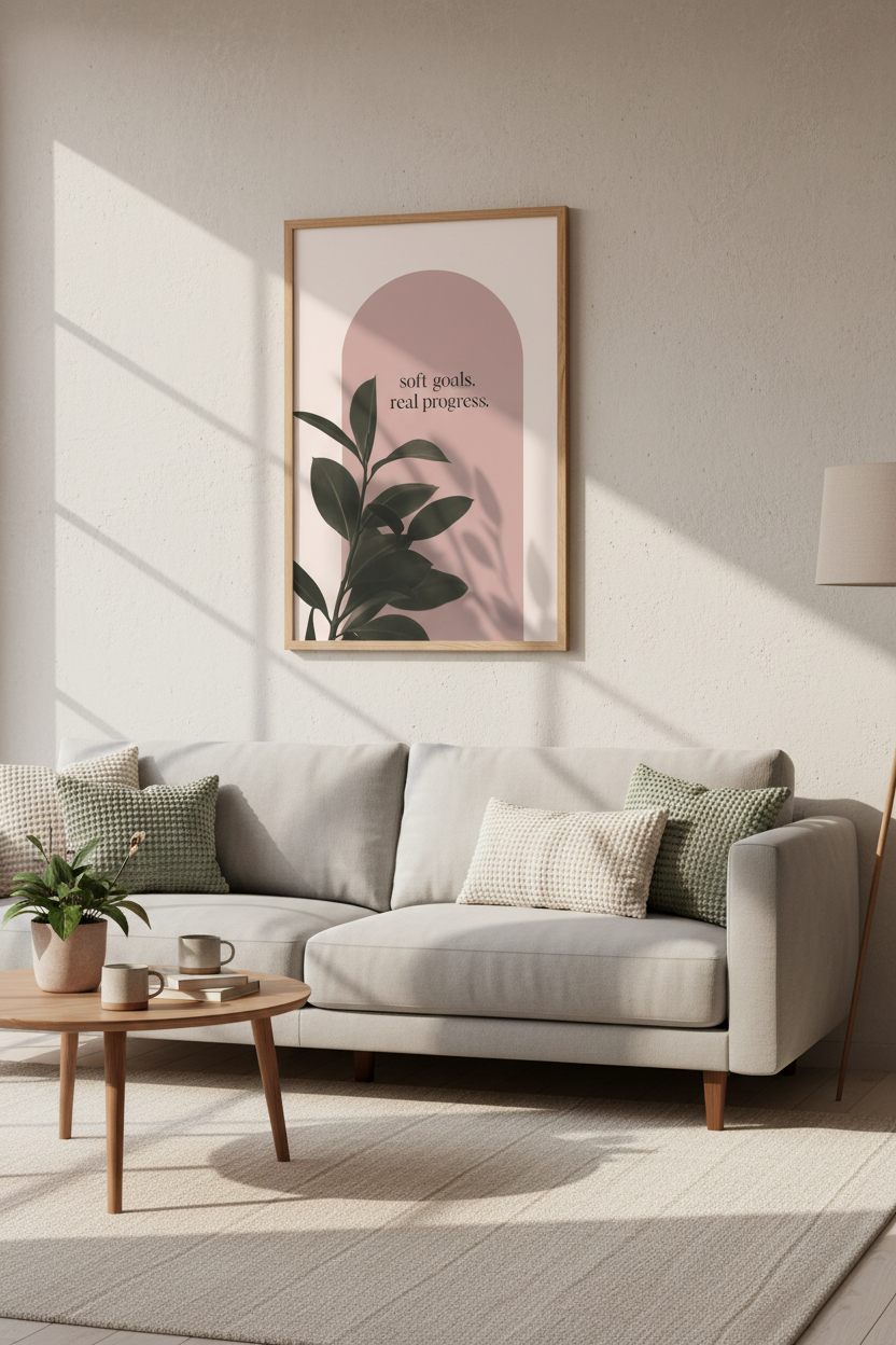 Soft Goals Real Progress Art | Pink Minimalist Quote Poster | Office Decor