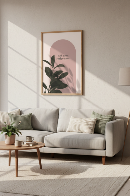 Soft Goals Real Progress Art | Pink Minimalist Quote Poster | Office Decor
