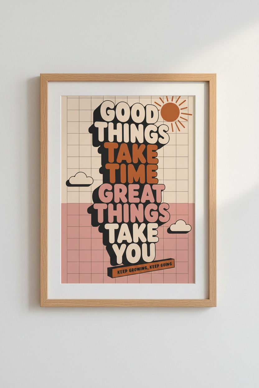 Good Things Take Time Retro Quote | Orange Pink Pastel, Office Decor Poster
