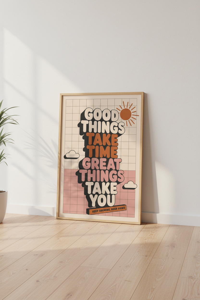 Good Things Take Time Retro Quote | Orange Pink Pastel, Office Decor Poster
