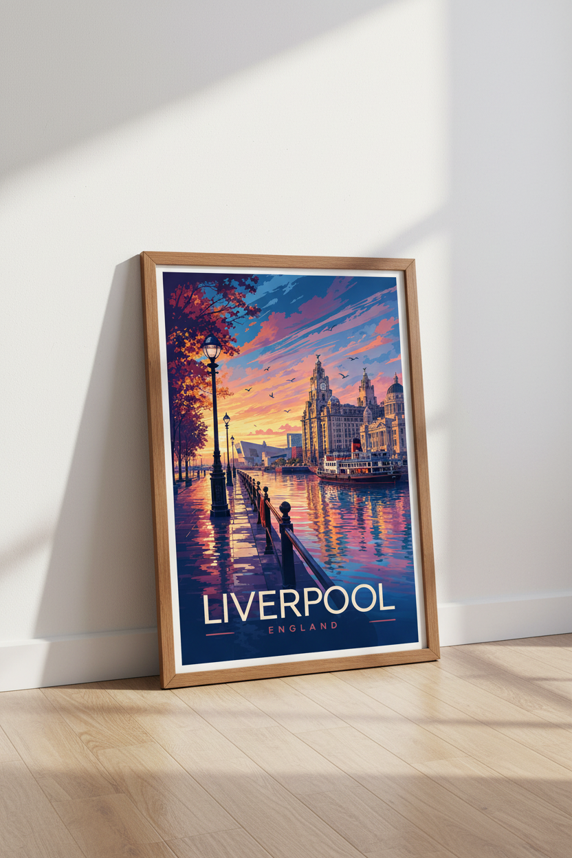 Liverpool England Travel Poster | Sunset Waterfront Wall Art, Modern City Decor