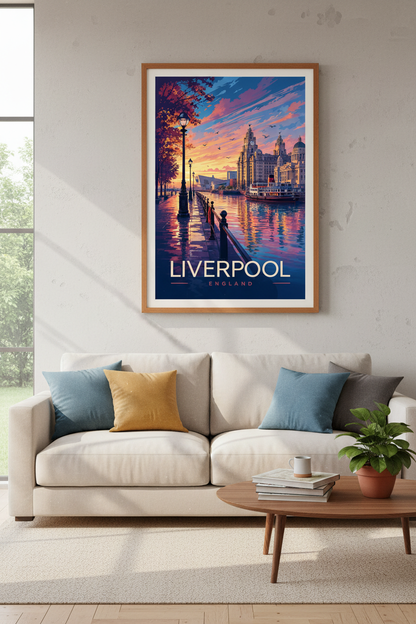 Liverpool England Travel Poster | Sunset Waterfront Wall Art, Modern City Decor