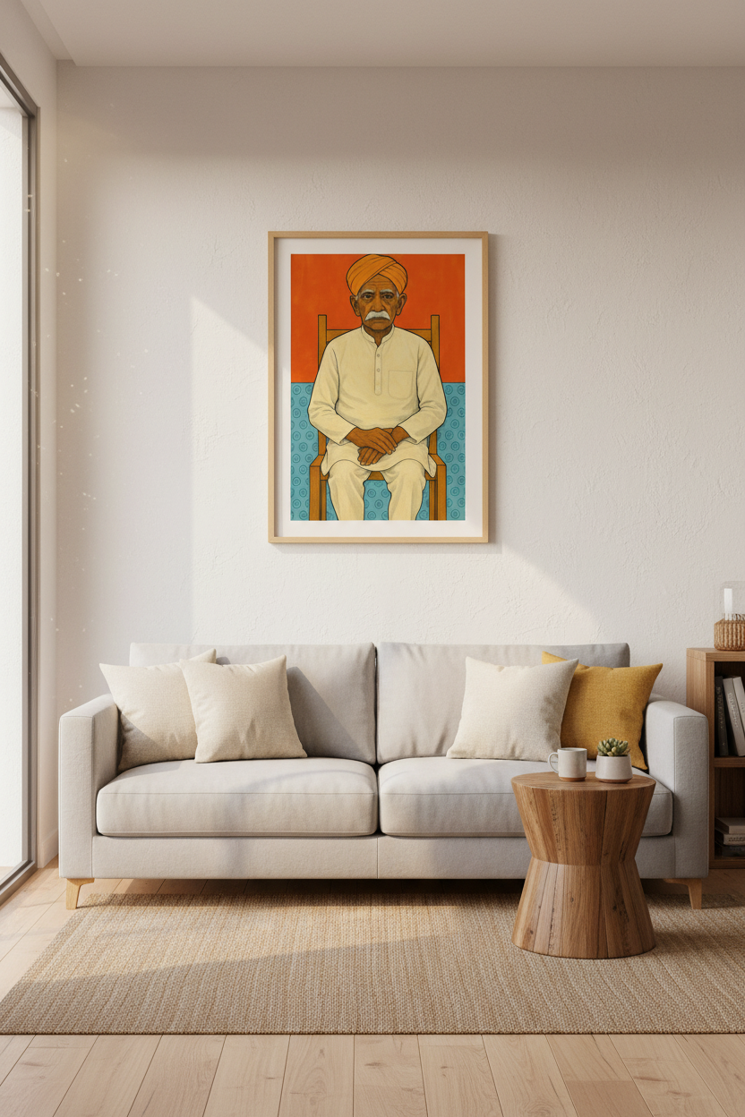 Folk Art Indian Man Wall Art Print | Boho Living Room Decor | Cultural Portrait Poster | Grandfather Gift Idea