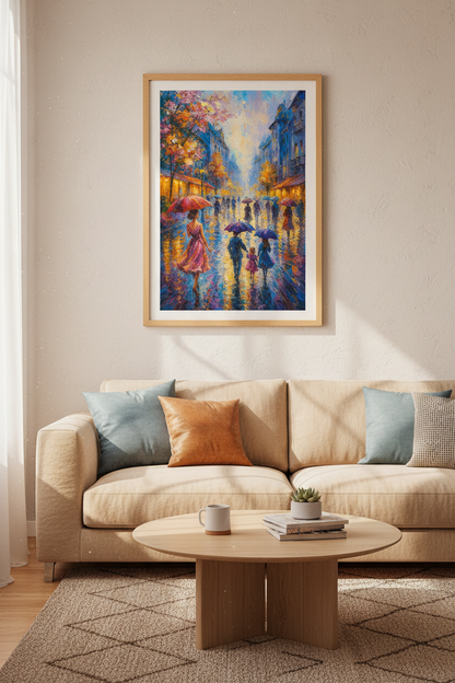 Impressionist Rainy City Wall Art Print | Vibrant Street Scene Decor | Colorful Abstract Couple Poster