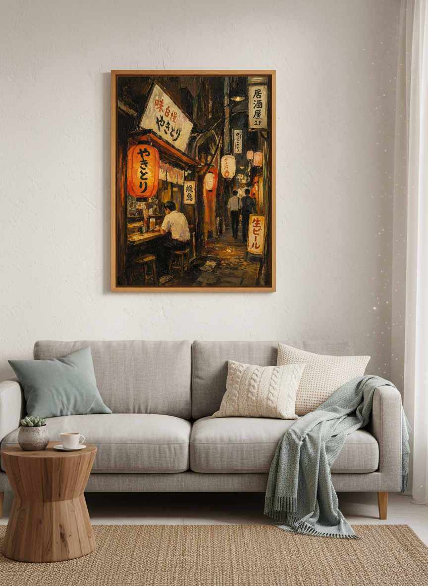 Japanese Street Yakitori Bar Wall Art Print | Tokyo Alley Decor | Rustic Ink Paint Poster