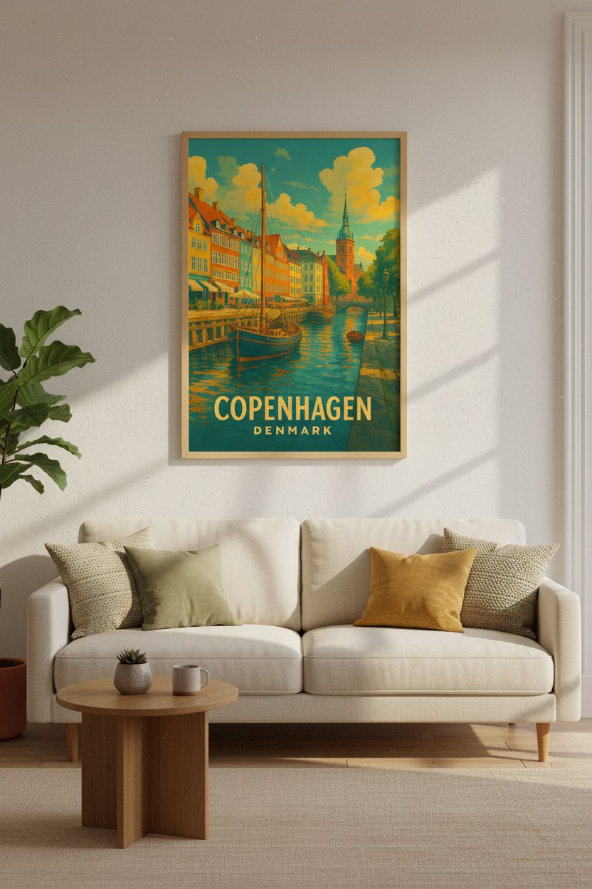 Retro Travel Copenhagen Wall Art Print | Vibrant Cityscape Decor | Denmark Poster | Framed Unframed Digital