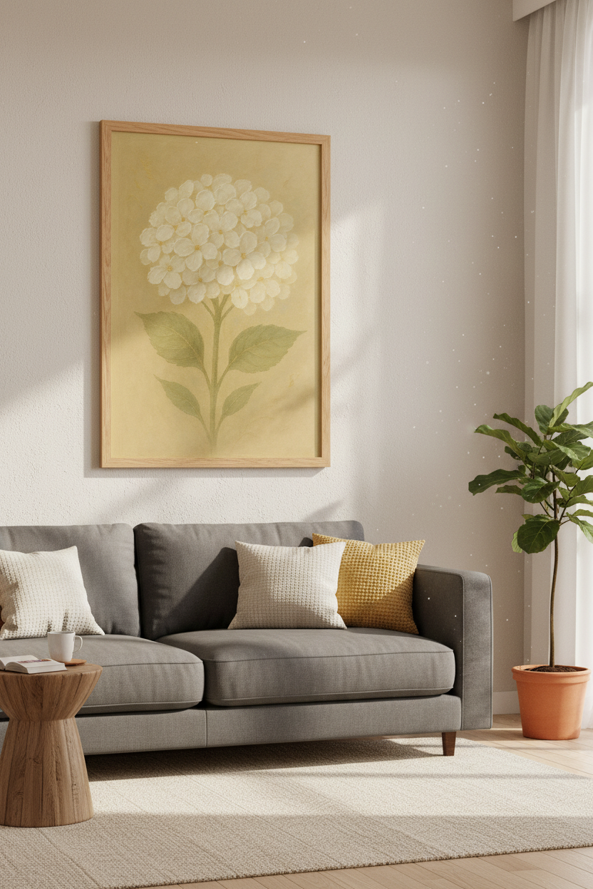 Minimalist Hydrangea Wall Art Print | Boho Living Room Decor | Neutral Floral Poster | Botanical Cream Flower Artwork