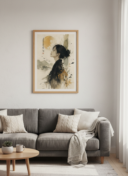 Zen Woman Portrait Wall Art Print | Boho Bedroom Decor | Asian Aesthetic Poster