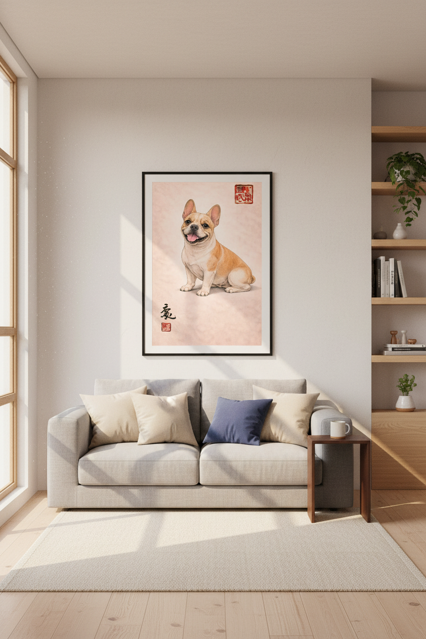 Illustration French Bulldog Art Print | Pet Lover Gift | Modern Animal Wall Decor | Beige Peach Aesthetic Poster