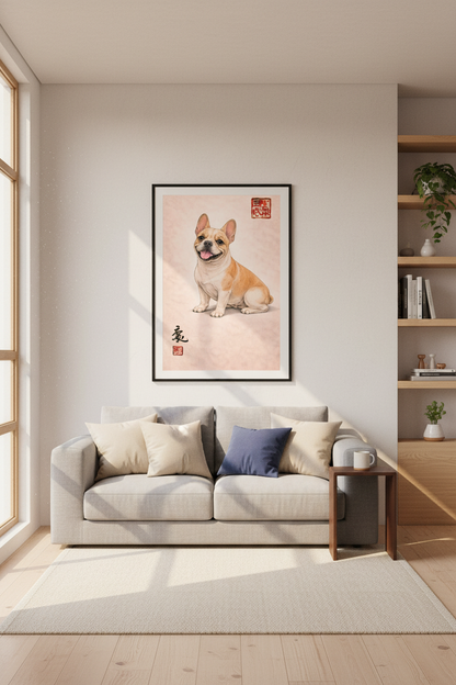 Illustration French Bulldog Art Print | Pet Lover Gift | Modern Animal Wall Decor | Beige Peach Aesthetic Poster