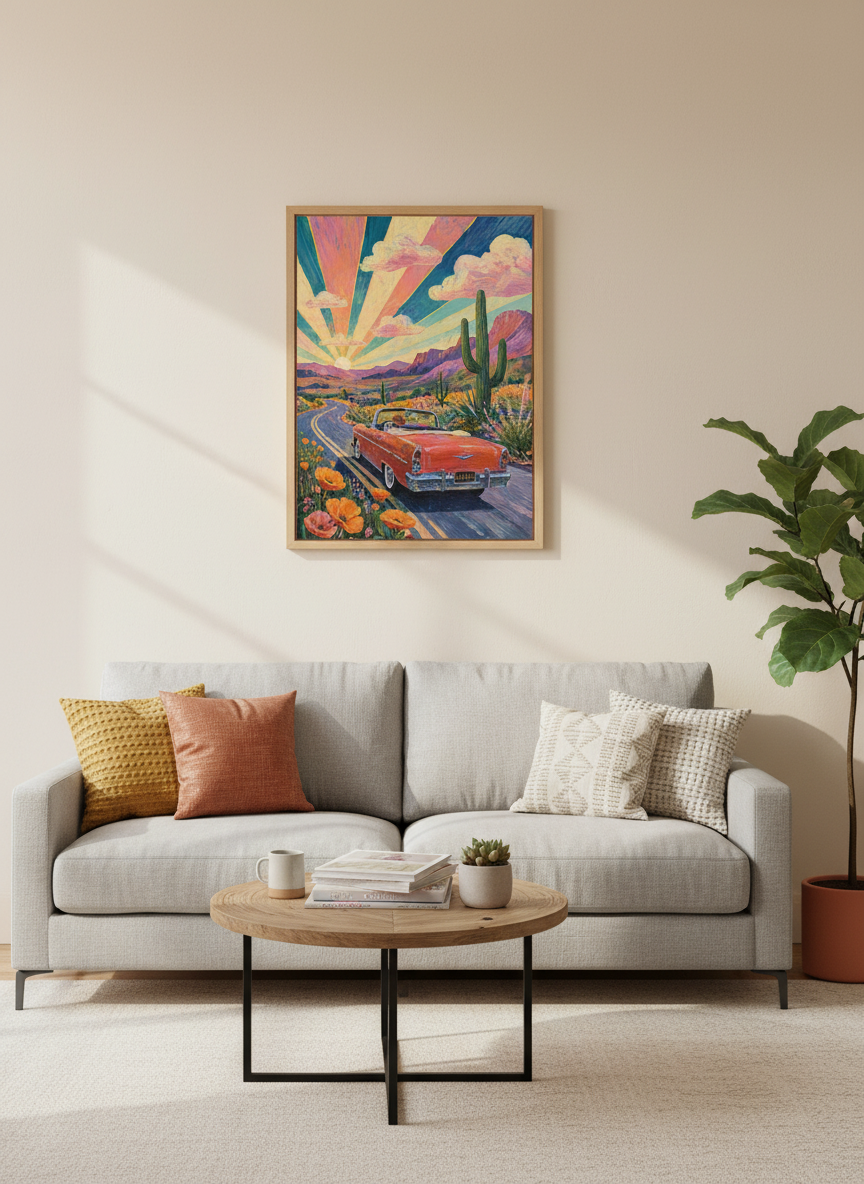 Desert Drive Wall Art | Mid Century Road Trip Art, Eclectic Room Decor
