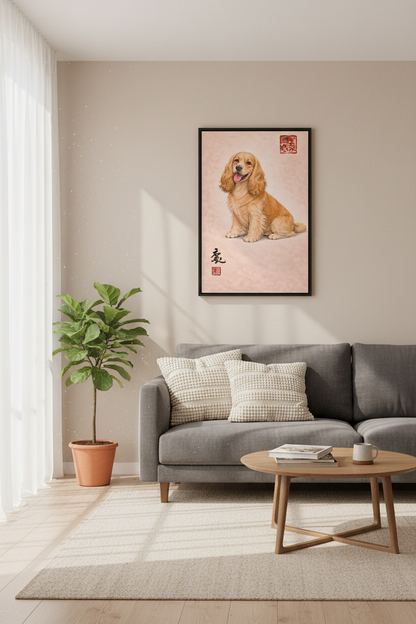 Cocker Spaniel Wall Art Print | Happy Dog Home Decor | Asian Art Style Pet Portrait | Puppy Lover Gift | Wall Hanging