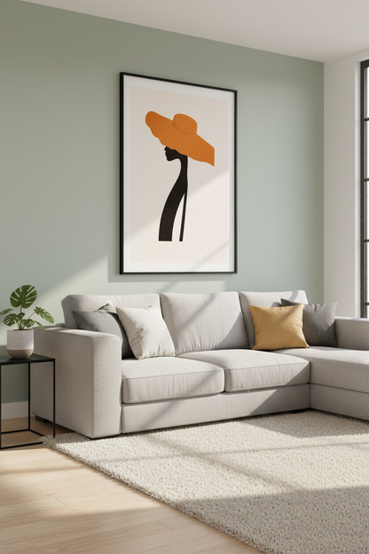 Abstract Woman with Orange Hat Wall Art | Minimalist Silhouette Print | Modern Home Decor Poster | Elegant Female Profile Art