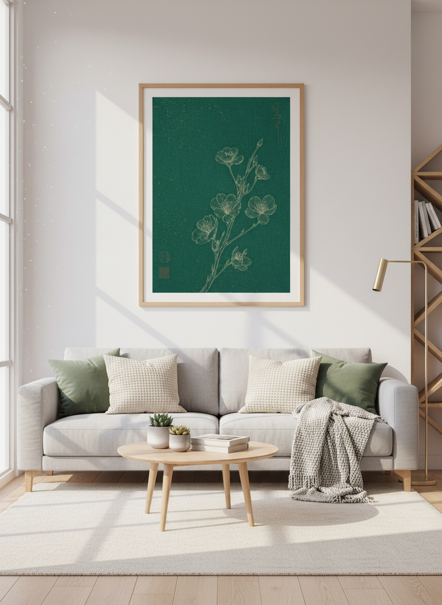 Asian Floral Wall Art | Dark Green Bloom Print | Zen Decor
