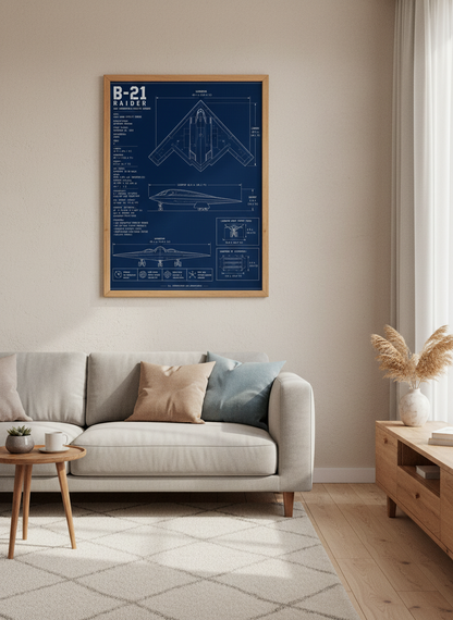 B-21 Raider Blueprint | Stealth Bomber Airplane Wall Art | Man Cave Decor Gift