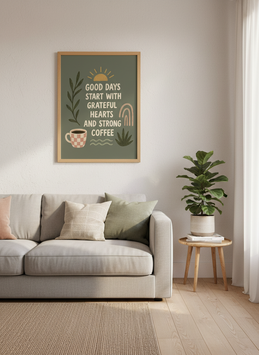 Good Days Gratitude Art | Coffee Lover Green Kitchen Decor | Boho Quote Poster