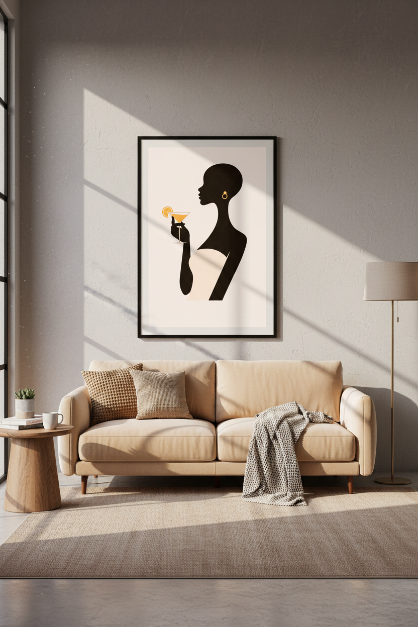 Elegant Abstract Woman with Cocktail Wall Art | Minimalist Silhouette Print | Home Bar Decor | Fashion Art Poster