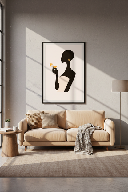 Elegant Abstract Woman with Cocktail Wall Art | Minimalist Silhouette Print | Home Bar Decor | Fashion Art Poster