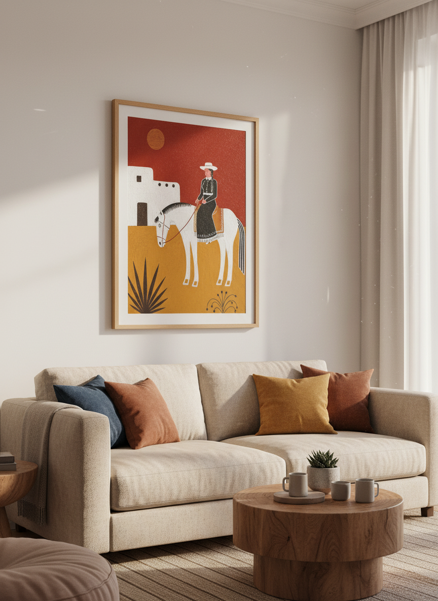 Folk Art Cowgirl Wall Art Print | Southwestern Bedroom Decor | Rustic Farmhouse Poster | Framed Western Horse Art
