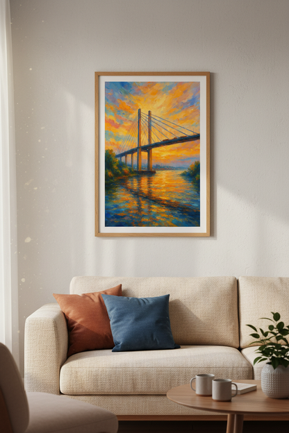 Impressionist Bridge Wall Art Print | Vibrant Sunset River Decor | Modern Landscape Poster | Colorful Home Cityscape