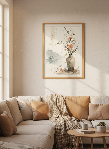 Chinoiserie Floral Vase Wall Art | Serene Asian Landscape Print Hues