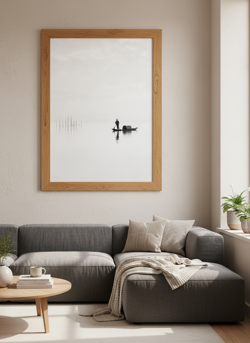 Minimalist Framed Art | Serene Asian Boatman Wall Decor | Zen Black and White Print | Calming Living Room Poster
