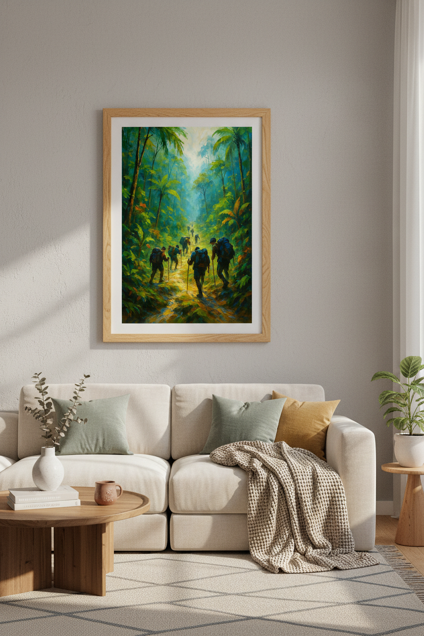 Impressionist Jungle Trekkers Wall Art Print | Adventure Room Decor | Lush Green Forest Poster Gift