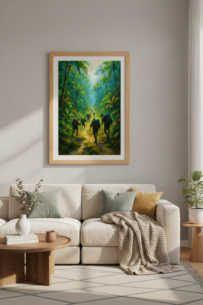 Impressionist Jungle Trekkers Wall Art Print | Adventure Room Decor | Lush Green Forest Poster Gift