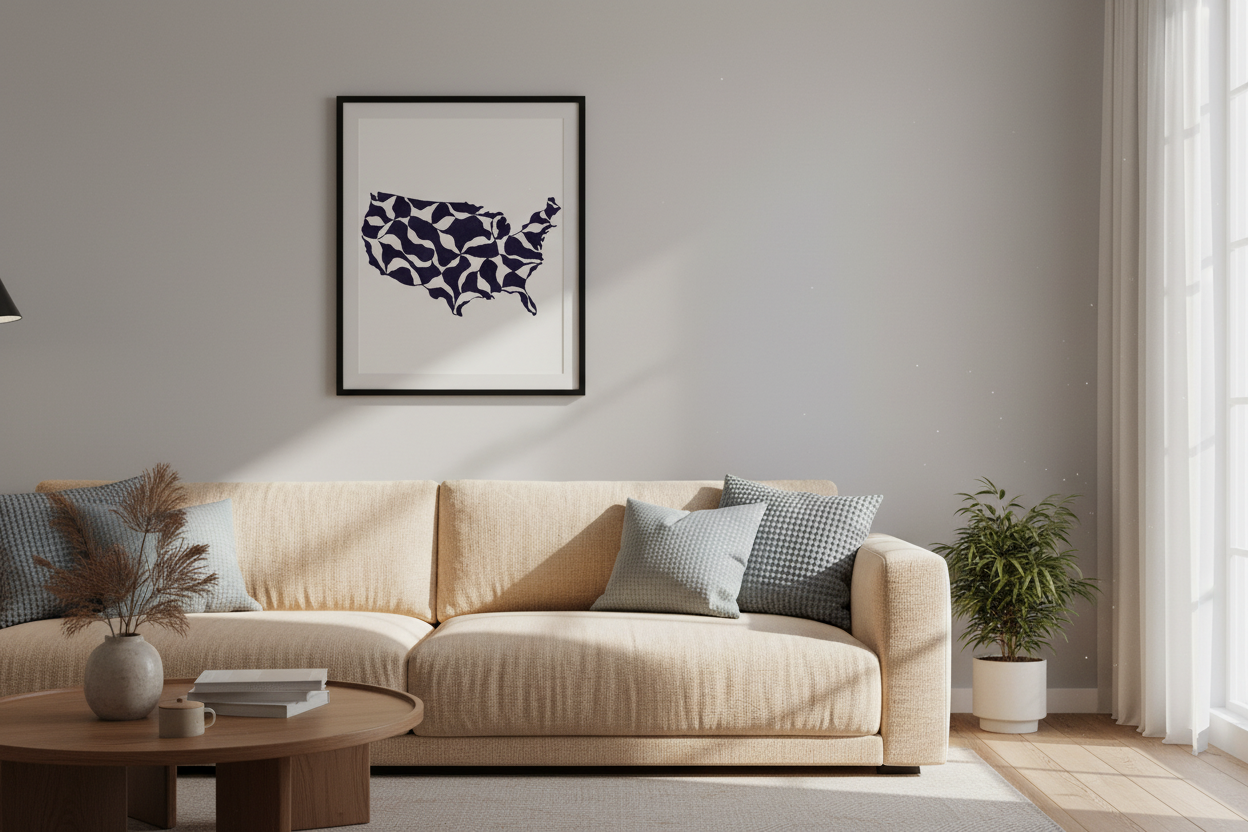 USA Map Wall Art Print | Modern Abstract US Map Poster | Minimalist Home Decor | Patriotic Wall Hanging | Navy Wavy Design