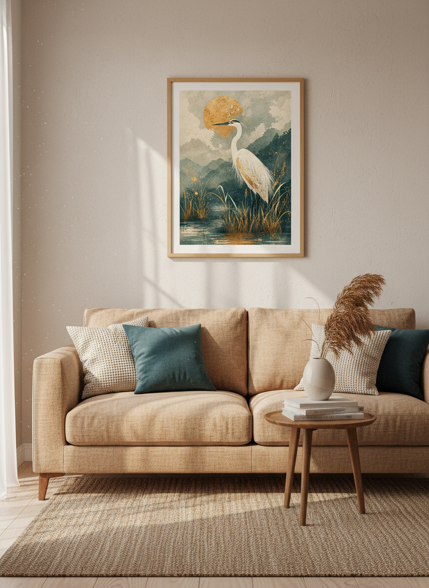 Zen Egret Wall Art Print | Japanese Crane Decor | Serene Nature Poster