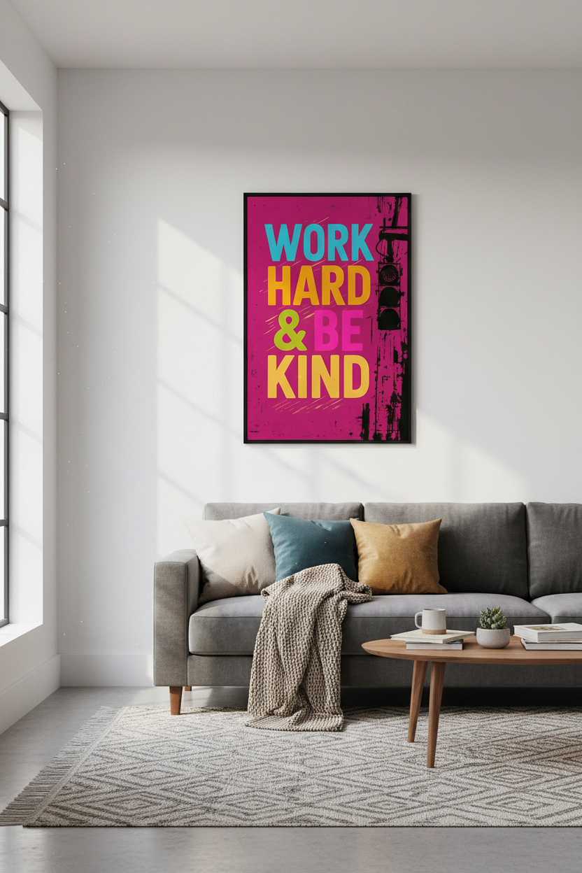 Work Hard &amp; Be Kind Poster Print | Vibrant Pink &amp; Yellow Motivational Wall Art | Inspirational Home Decor | Typography Quote