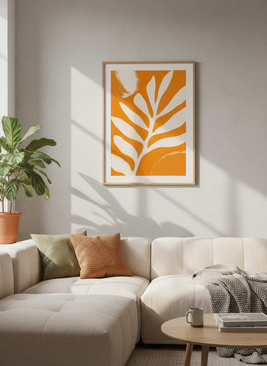 Abstract Leaf Wall Art Print | Boho Orange &amp; Cream Decor | Mid-Century Modern Poster