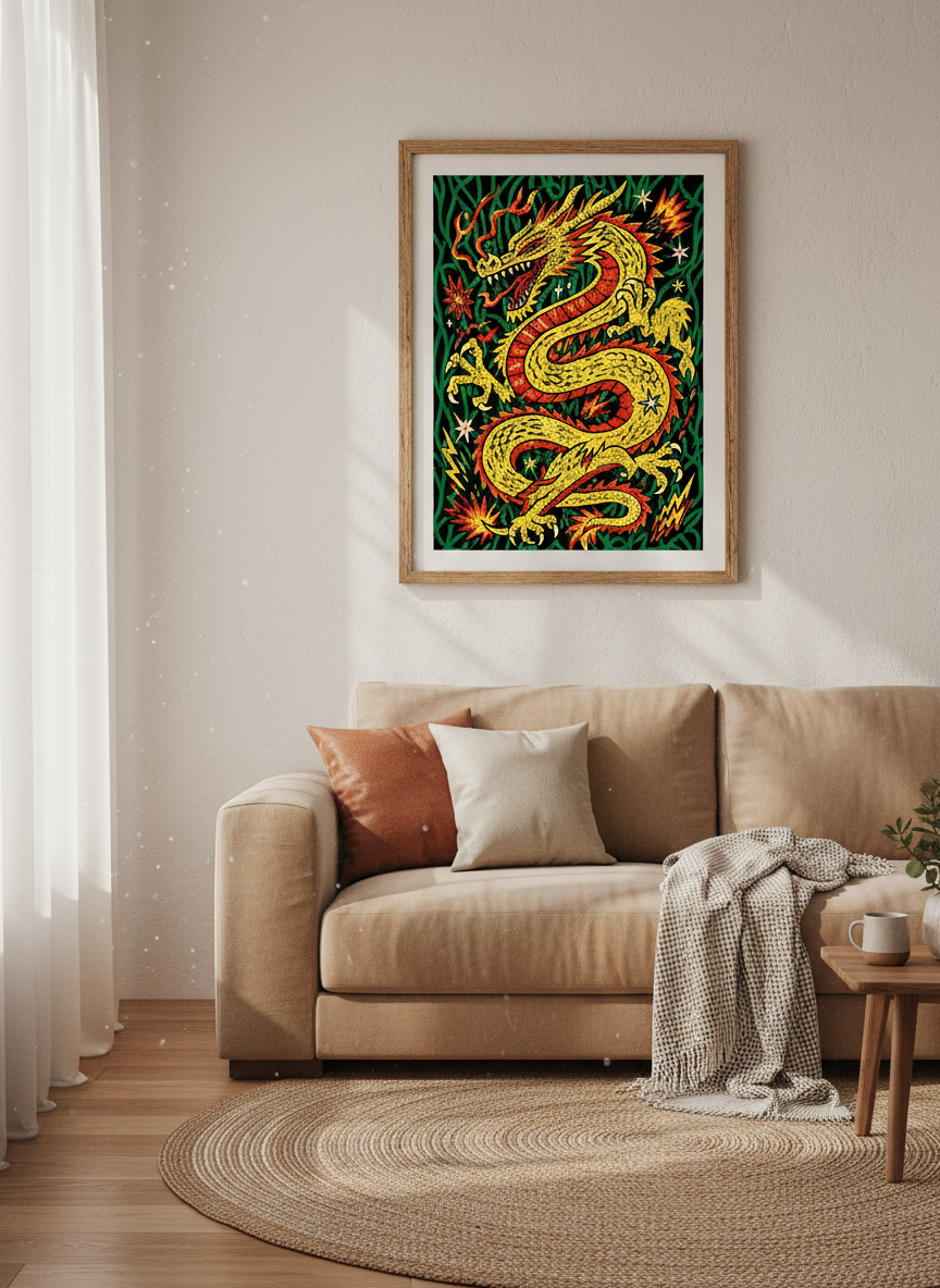 Chinoiserie Dragon Wall Art Print | Vibrant Living Room Decor | Eclectic Asian Aesthetic Framed Poster