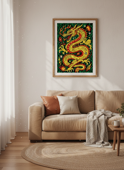 Chinoiserie Dragon Wall Art Print | Vibrant Living Room Decor | Eclectic Asian Aesthetic Framed Poster