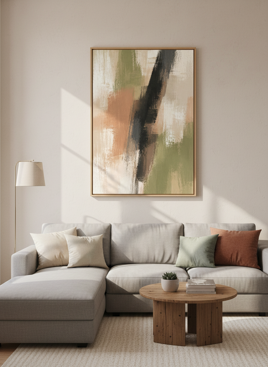 Abstract Brushstroke Framed Wall Art | Sage Green Living Room Decor | Modern Minimalist Framed Print | Ready to Hang Art