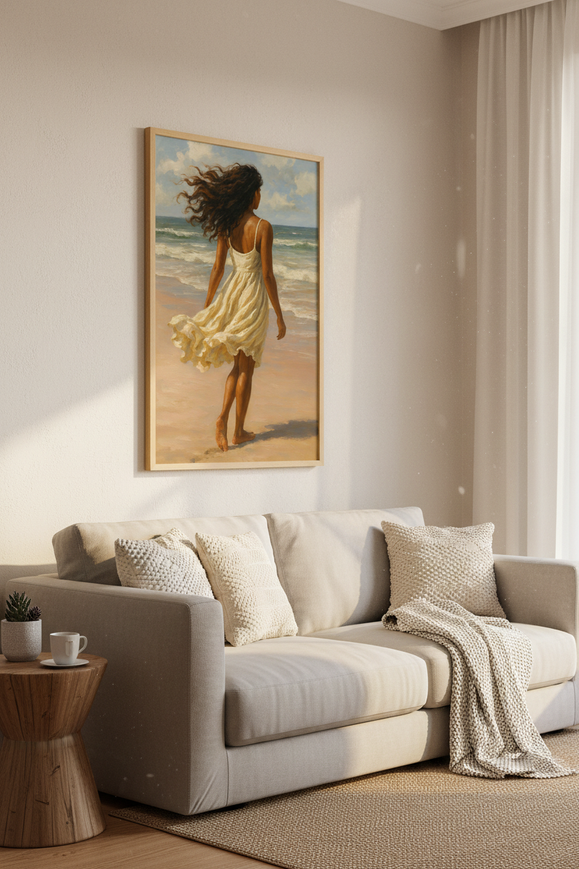 Breezy Beach Oil Painting Wall Art Print | Coastal Living Room Decor | Bohemian Aesthetic Poster