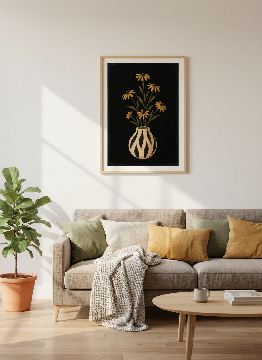 Bohemian Floral Wall Art Print | Mid-Century Modern Living Room Decor | Framed Black Eyed Susan Poster