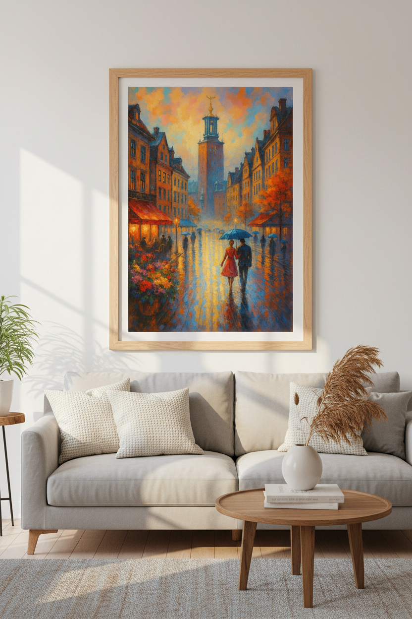 Impressionist Rainy City Wall Art Print | Romantic Street Decor | Moody Aesthetic Poster | Stockholm Cityscape Art