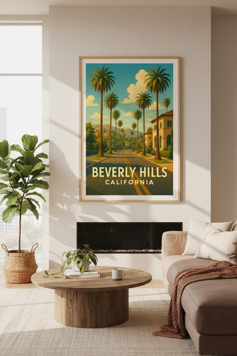 Beverly Hills Travel Poster | California Palm Tree Wall Art Print | Mid-Century Modern Room Decor | Retro Landscape Aesthetic