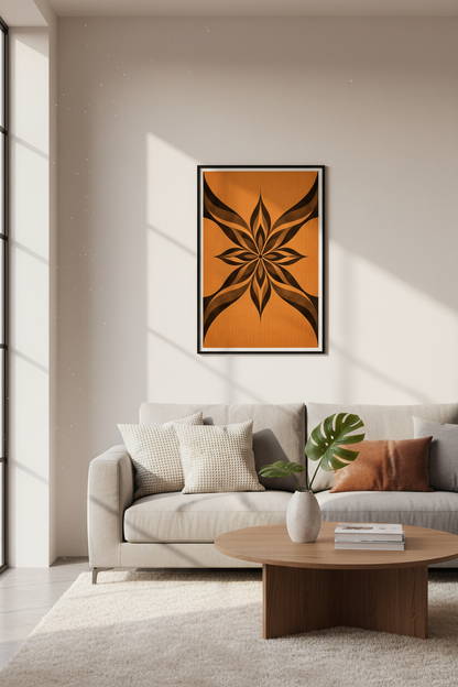 Abstract Floral Mandala Wall Art Print | Mid-Century Modern Boho Home Decor | Orange Black Geometric Flower Poster Wall Hanging