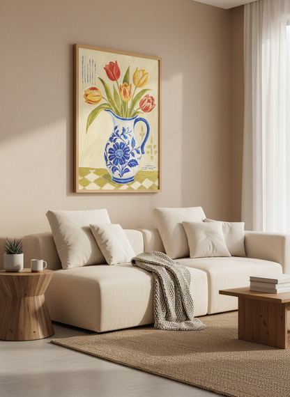 Vibrant Tulip Floral Print | Botanical Art, Kitchen Decor | Chinoiserie Jug Painting