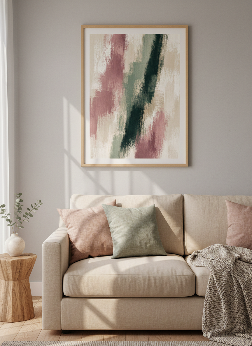 Abstract Brush Stroke Wall Art Print | Modern Living Room Decor | Dusty Rose &amp; Sage Green Framed Artwork