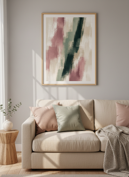 Abstract Brush Stroke Wall Art Print | Modern Living Room Decor | Dusty Rose &amp; Sage Green Framed Artwork