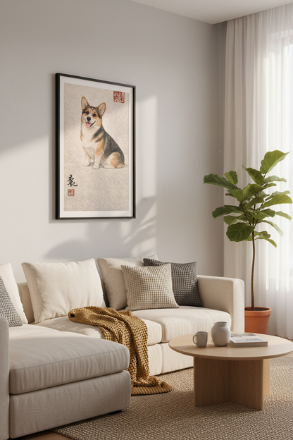 Corgi Wall Art Print, Happy Pembroke Welsh Corgi Poster, Oriental Dog Decor, Cute Puppy Home Hanging, Pet Lover Gift, Smiling Corgi Art