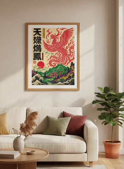 Phoenix Ukiyo-e Wall Art Print | Japanese Style Decor | Asian Aesthetic Poster