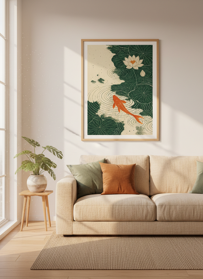 Zen Koi &amp; Lotus Pond Art Print | Japanese Aesthetic Wall Decor, Nature Lover Gift