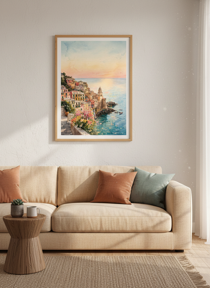 Cinque Terre Italy Art Print | Watercolor Coastal Landscape, Mediterranean Home Decor