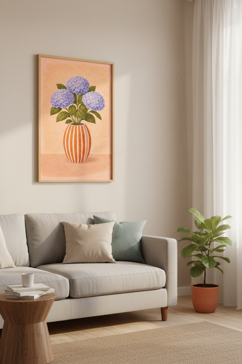 Botanical Hydrangea Wall Art Print | Boho Living Room Decor | Pastel Floral Framed Poster | Aesthetic Ready to Hang Art